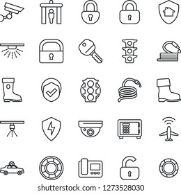 Thin Line Icon Set - plane radar vector, security gate, alarm car, safe, boot, hose, traffic light, shield, protect, lock, key, intercome, home, surveillance, sprinkler, crisis management