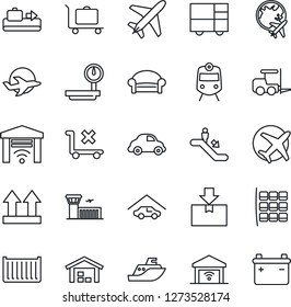 Thin Line Icon Set - plane vector, baggage conveyor, trolley, train, escalator, waiting area, fork loader, seat map, globe, airport building, sea shipping, cargo container, car delivery, no, package