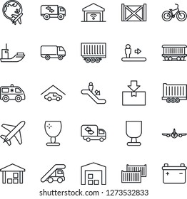 Thin Line Icon Set - plane vector, escalator, ladder car, globe, ambulance, bike, railroad, sea shipping, truck trailer, cargo container, delivery, fragile, warehouse, package, garage, moving