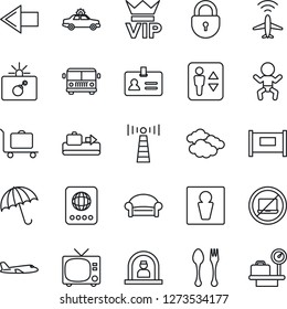 Thin Line Icon Set - plane radar vector, antenna, fence, baggage conveyor, trolley, airport bus, spoon and fork, umbrella, elevator, no laptop, male, tv, waiting area, vip, alarm car, bomb in case