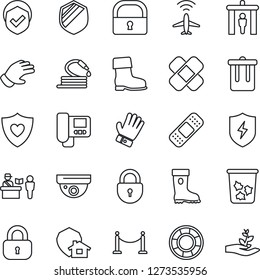 Thin Line Icon Set - plane radar vector, fence, passport control, security gate, trash bin, lock, glove, boot, hose, patch, heart shield, protect, intercome, home, surveillance, crisis management
