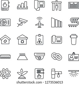 Thin Line Icon Set - plane radar vector, security gate, identity card, drip irrigation, sorting, barcode, chain, root setup, air conditioner, smart home, water heater, intercome, filter, warm floor