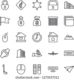 Thin Line Icon Set - plane vector, office building, mouse, money bag, house, joint, lock, blank box, book, mountains, reserved, ladle, smoke detector, jalousie, police, palm sproute, clock, flag