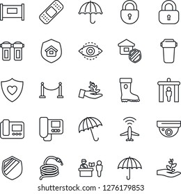 Thin Line Icon Set - plane radar vector, fence, passport control, security gate, umbrella, lock, boot, hose, patch, heart shield, eye id, estate insurance, intercome, water filter, surveillance