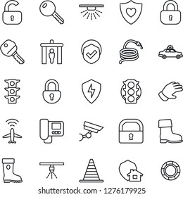 Thin Line Icon Set - plane radar vector, security gate, alarm car, border cone, glove, boot, hose, heart shield, traffic light, protect, lock, key, intercome, home, surveillance, sprinkler