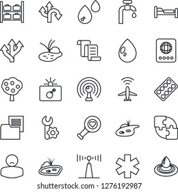 Thin Line Icon Set - plane radar vector, bomb in case, passport, bed, luggage storage, contract, water drop, pond, heart diagnostic, pills blister, ambulance star, patient, route, folder document