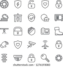 Thin Line Icon Set - plane radar vector, security gate, safe, lock, glove, boot, hose, heart shield, traffic light, protect, key, intercome, home, surveillance, sprinkler, crisis management