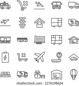 Thin Line Icon Set - plane vector, taxi, departure, arrival, airport bus, ambulance car, traffic light, truck trailer, delivery, sea port, consolidated cargo, warehouse storage, no trolley, railroad