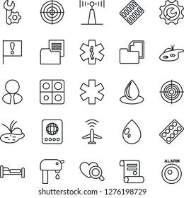Thin Line Icon Set - plane radar vector, passport, bed, contract, water drop, pond, heart diagnostic, pills blister, ambulance star, important flag, folder document, antenna, application, root setup