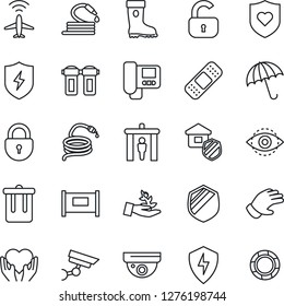 Thin Line Icon Set - plane radar vector, fence, security gate, umbrella, trash bin, lock, glove, boot, hose, patch, heart shield, hand, protect, eye id, estate insurance, intercome, water filter