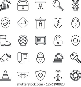 Thin Line Icon Set - plane radar vector, security gate, smoking place, border cone, safe, lock, glove, boot, hose, heart shield, traffic light, protect, key, intercome, home, sprinkler