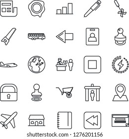 Thin Line Icon Set - plane vector, airport bus, passport control, security gate, stamp, left arrow, notepad, wheelbarrow, saw, ripper, pin, stop button, rewind, lock, charge, bar graph, news, pen