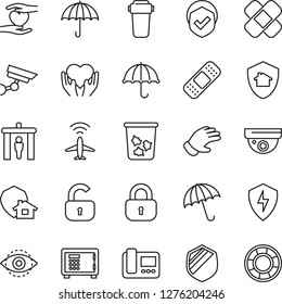 Thin Line Icon Set - plane radar vector, security gate, umbrella, trash bin, safe, glove, patch, heart hand, shield, protect, eye id, lock, intercome, water filter, home, surveillance