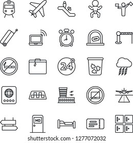 Thin Line Icon Set - plane vector, dispatcher, runway, taxi, suitcase, barrier, 24 around, train, escalator, alarm clock, no laptop, smoking, trash bin, signpost, ticket, wireless notebook, baby