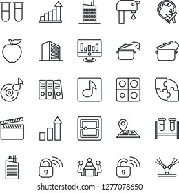 Thin Line Icon Set - plane globe vector, office building, growth statistic, monitor, blood test vial, navigation, clapboard, scanner, music, application, paper binder, meeting, water supply