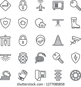 Thin Line Icon Set - plane radar vector, security gate, smoking place, border cone, safe, lock, glove, boot, hose, heart shield, traffic light, protect, key, intercome, home, surveillance, sprinkler