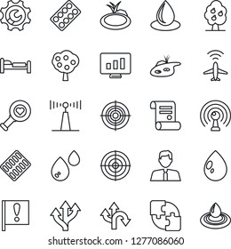 Thin Line Icon Set - plane radar vector, bed, statistic monitor, contract, water drop, pond, heart diagnostic, pills blister, route, important flag, antenna, application, root setup, target