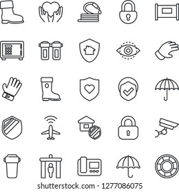 Thin Line Icon Set - plane radar vector, fence, security gate, safe, glove, boot, hose, heart shield, hand, umbrella, lock, eye id, estate insurance, intercome, water filter, home protect