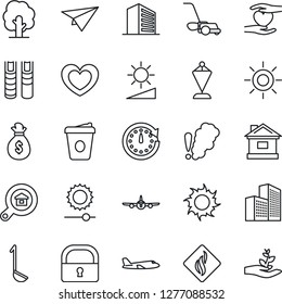 Thin Line Icon Set - plane vector, office building, pennant, coffee, tree, lawn mower, house, sun, heart, hand, brightness, lock, book, estate search, ladle, smoke detector, money bag, clock, paper