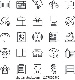 Thin Line Icon Set - plane vector, baggage trolley, route, signpost, store, satellite, office phone, 24 hours, cargo container, clock, term, receipt, consolidated, clipboard, fragile, umbrella, rack