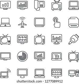 Thin Line Icon Set - plane radar vector, wireless notebook, pc, statistic monitor, pulse, tv, touch screen, laptop, hdmi, statistics, intercome