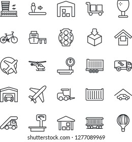 Thin Line Icon Set - plane vector, escalator, fork loader, ladder car, helicopter, airport building, bike, railroad, traffic light, truck trailer, cargo container, sea port, fragile, package, garage