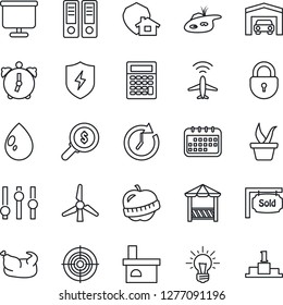 Thin Line Icon Set - plane radar vector, lock, office binder, seedling, water drop, fireplace, diet, settings, protect, alarm, presentation board, target, pond, windmill, garage, sold signboard