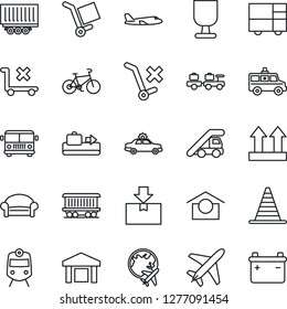 Thin Line Icon Set - plane vector, baggage conveyor, airport bus, train, waiting area, alarm car, larry, ladder, border cone, globe, ambulance, bike, railroad, truck trailer, consolidated cargo