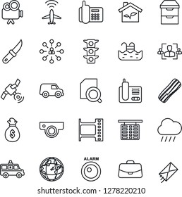 Thin Line Icon Set - plane radar vector, flight table, hierarchy, case, rain, garden knife, ambulance car, traffic light, office phone, film frame, satellite, video camera, radio, archive chest, hr