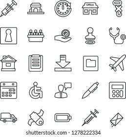Thin Line Icon Set - plane vector, female, stamp, speaking man, pen, meeting, house, stethoscope, syringe, disabled, store, satellite, car delivery, clipboard, no hook, calculator, folder, calendar