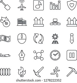 Thin Line Icon Set - plane radar vector, mouse, tie, job, fire, run, heart shield, molecule, up side sign, flame disk, equalizer, pause button, update, music, clock, ink pen, office building, cash