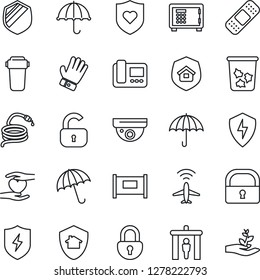 Thin Line Icon Set - plane radar vector, fence, security gate, umbrella, trash bin, safe, glove, hose, patch, heart shield, hand, protect, lock, estate insurance, intercome, water filter, home