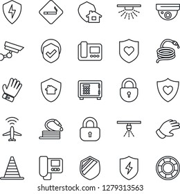 Thin Line Icon Set - plane radar vector, smoking place, border cone, safe, lock, glove, hose, heart shield, protect, intercome, home, surveillance, sprinkler, crisis management