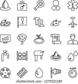 Thin Line Icon Set - plane radar vector, bomb in case, wind, luggage storage, contract, statistic monitor, water drop, pond, heart diagnostic, pills blister, ambulance star, important flag, reel