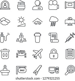 Thin Line Icon Set - plane vector, fence, reception, clouds, storm cloud, contract, saw, garden sprayer, syringe, clipboard, video camera, brightness, support, copier, hierarchy, garage, sale, lock