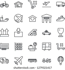 Thin Line Icon Set - plane vector, departure, airport bus, alarm car, baggage larry, ladder, seat map, luggage scales, bike, sea shipping, truck trailer, delivery, consolidated cargo, fragile
