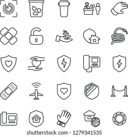 Thin Line Icon Set - plane radar vector, fence, passport control, trash bin, glove, hose, patch, heart shield, hand, protect, eye id, lock, estate insurance, intercome, water filter, home
