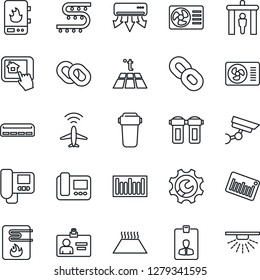 Thin Line Icon Set - plane radar vector, security gate, identity card, drip irrigation, barcode, chain, root setup, air conditioner, water heater, intercome, home control app, filter, warm floor