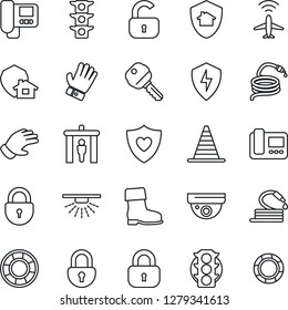 Thin Line Icon Set - plane radar vector, security gate, border cone, lock, glove, boot, hose, heart shield, traffic light, protect, key, intercome, home, surveillance, sprinkler, crisis management