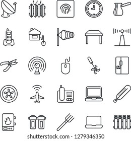 Thin Line Icon Set - plane radar vector, wind, mouse, farm fork, pruner, ripper, thermometer, office phone, clock, satellite antenna, laptop pc, radio, fingerprint id, notebook, table, heater, fan