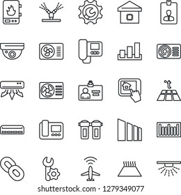 Thin Line Icon Set - plane radar vector, identity card, sorting, barcode, chain, root setup, air conditioner, smart home, irrigation, water heater, intercome, control app, filter, warm floor