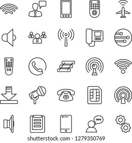 Thin Line Icon Set - plane radar vector, antenna, speaking man, team, clipboard, microphone, speaker, remote control, cell phone, mobile, sim, network, download, wireless, paper tray, intercome