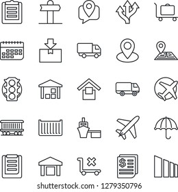 Thin Line Icon Set - plane vector, baggage trolley, route, signpost, navigation, pin, railroad, traffic light, mobile tracking, cargo container, car delivery, term, receipt, sea port, clipboard, no