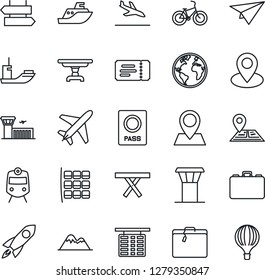 Thin Line Icon Set - plane vector, airport tower, arrival, suitcase, train, signpost, ticket, passport, seat map, flight table, building, case, picnic, bike, navigation, earth, pin, sea shipping