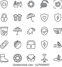 Thin Line Icon Set - plane radar vector, passport control, umbrella, trash bin, glove, boot, hose, patch, heart shield, hand, protect, lock, eye id, water filter, home, surveillance, palm sproute