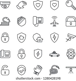 Thin Line Icon Set - plane radar vector, alarm car, lock, glove, hose, heart shield, traffic light, protect, key, intercome, home, surveillance, sprinkler