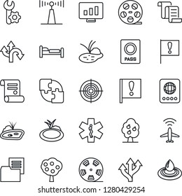 Thin Line Icon Set - plane radar vector, passport, bed, contract, statistic monitor, pond, ambulance star, route, important flag, folder document, reel, antenna, application, root setup, target