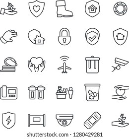Thin Line Icon Set - plane radar vector, fence, passport control, trash bin, glove, boot, hose, patch, heart shield, hand, protect, lock, estate insurance, intercome, water filter, home