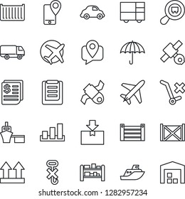 Thin Line Icon Set - plane vector, satellite, mobile tracking, sea shipping, cargo container, car delivery, receipt, port, consolidated, clipboard, umbrella, up side sign, no trolley, hook, package