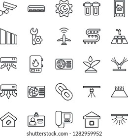 Thin Line Icon Set - plane radar vector, identity card, drip irrigation, sorting, chain, root setup, air conditioner, smart home, water heater, intercome, control app, filter, warm floor, sprinkler